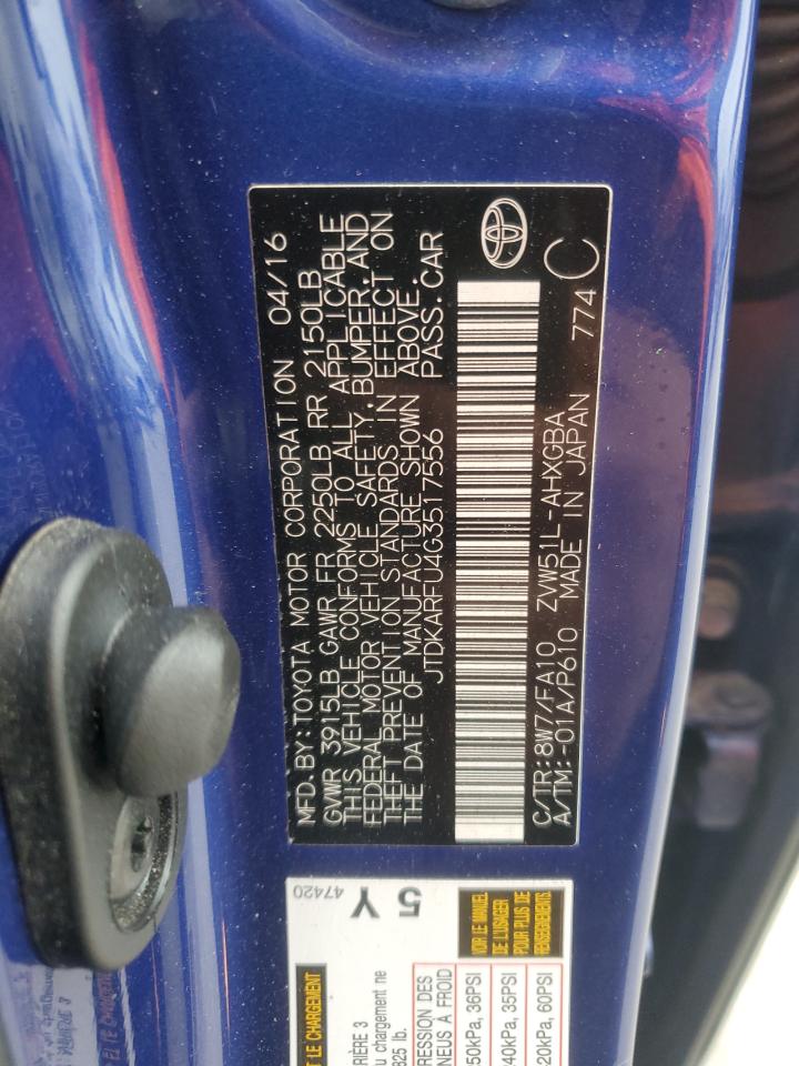 2016 Toyota Prius VIN JTDKARFU4G3517556 Copart auction photo, front end / side damage thumbnail 13