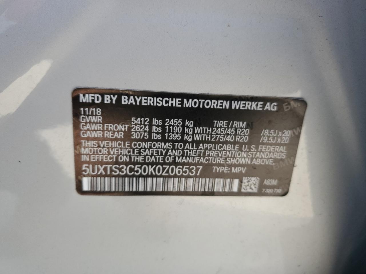 2019 BMW X3 VIN 5UXTS3C50K0Z06537 Copart auction photo, side damage thumbnail 15
