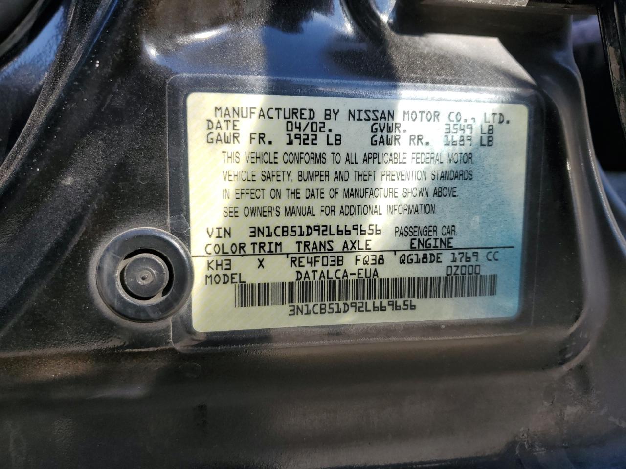 2002 Nissan Sentra VIN 3N1CB51D92L669656 Copart auction photo, rear end damage thumbnail 12