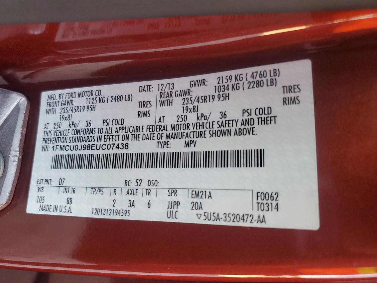 2014 Ford Escape VIN 1FMCU0J98EUC07438 Copart auction photo, front end damage thumbnail 12