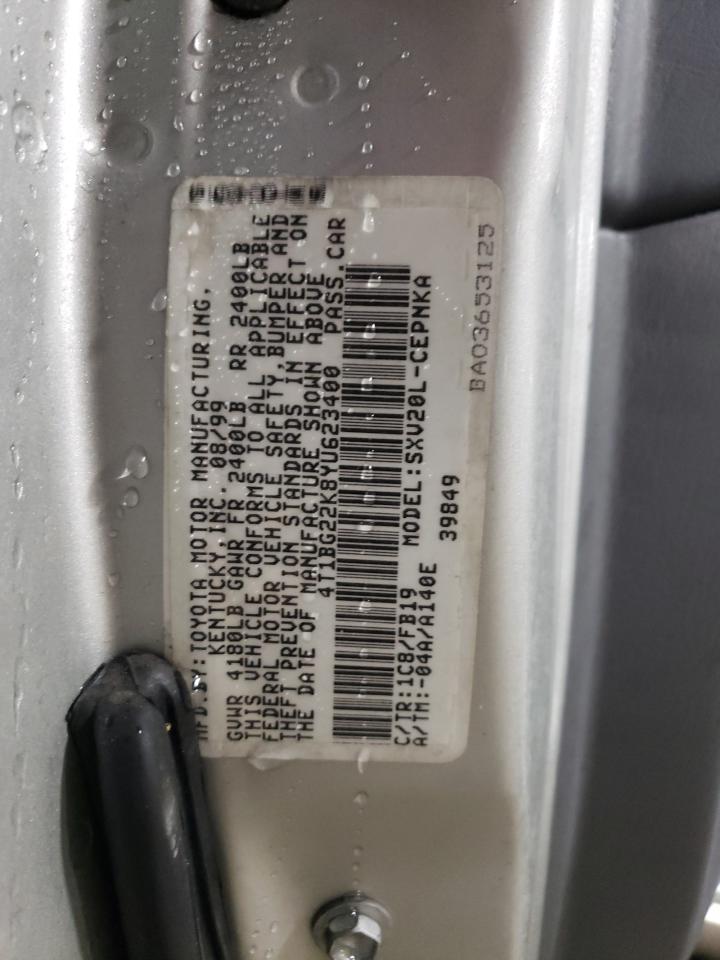 2000 Toyota Camry VIN 4T1BG22K8YU623400 Copart auction photo, rear end / front end damage thumbnail 12