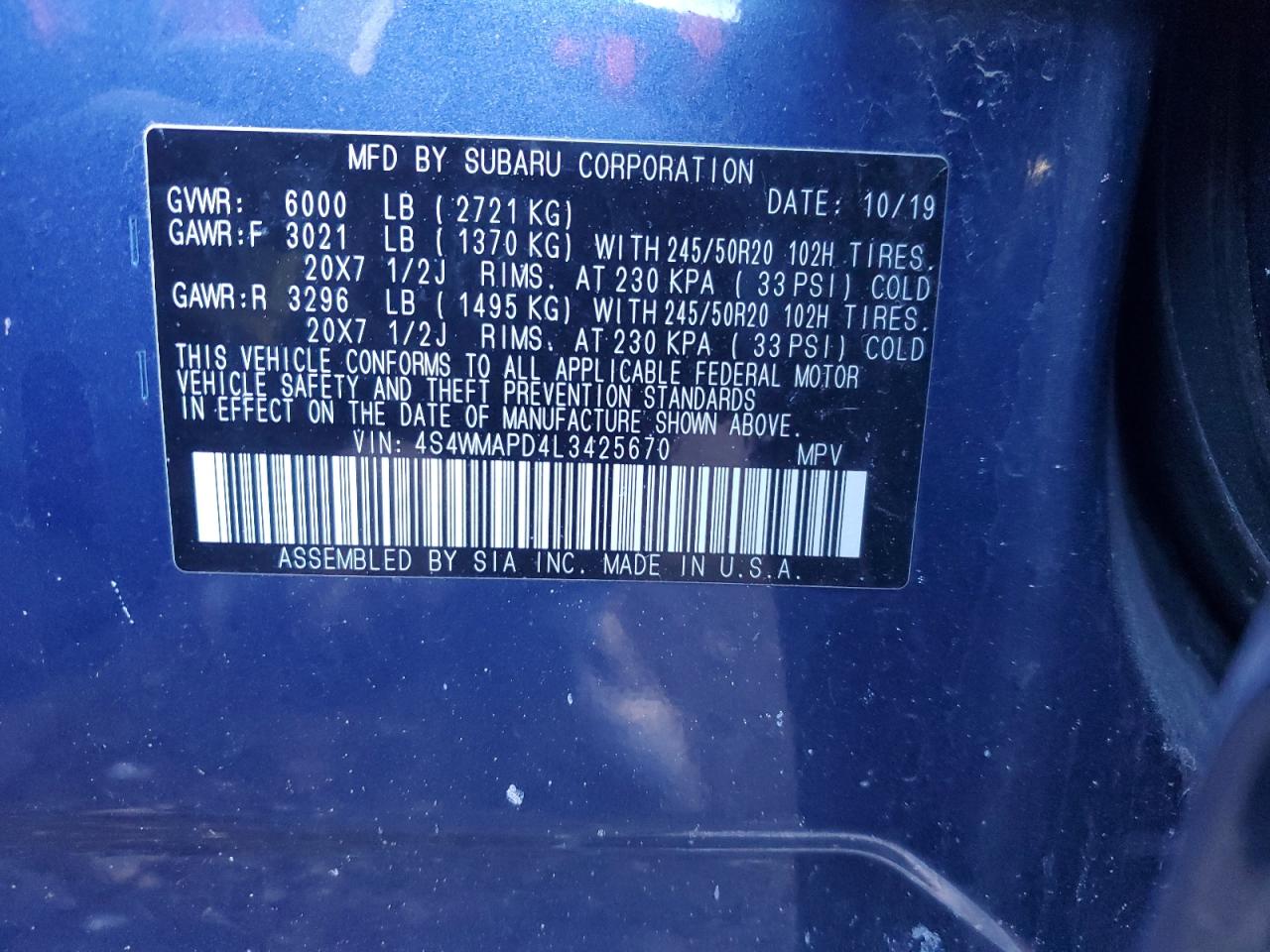 2020 Subaru Ascent VIN 4S4WMAPD4L3425670 Copart auction photo, side / front end damage thumbnail 14