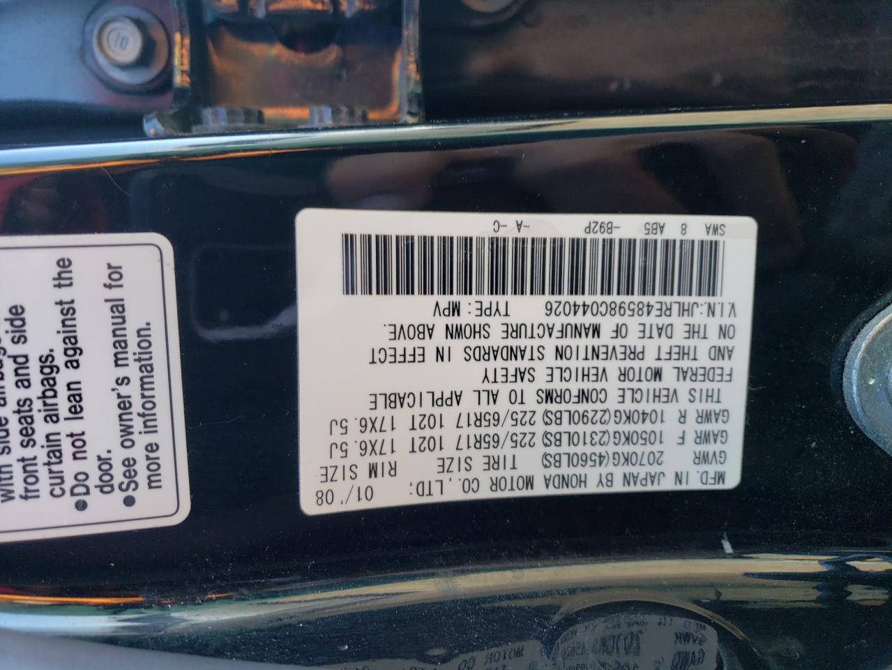 2008 Honda CR-V VIN JHLRE48598C044026 Copart auction photo, all over damage thumbnail 13