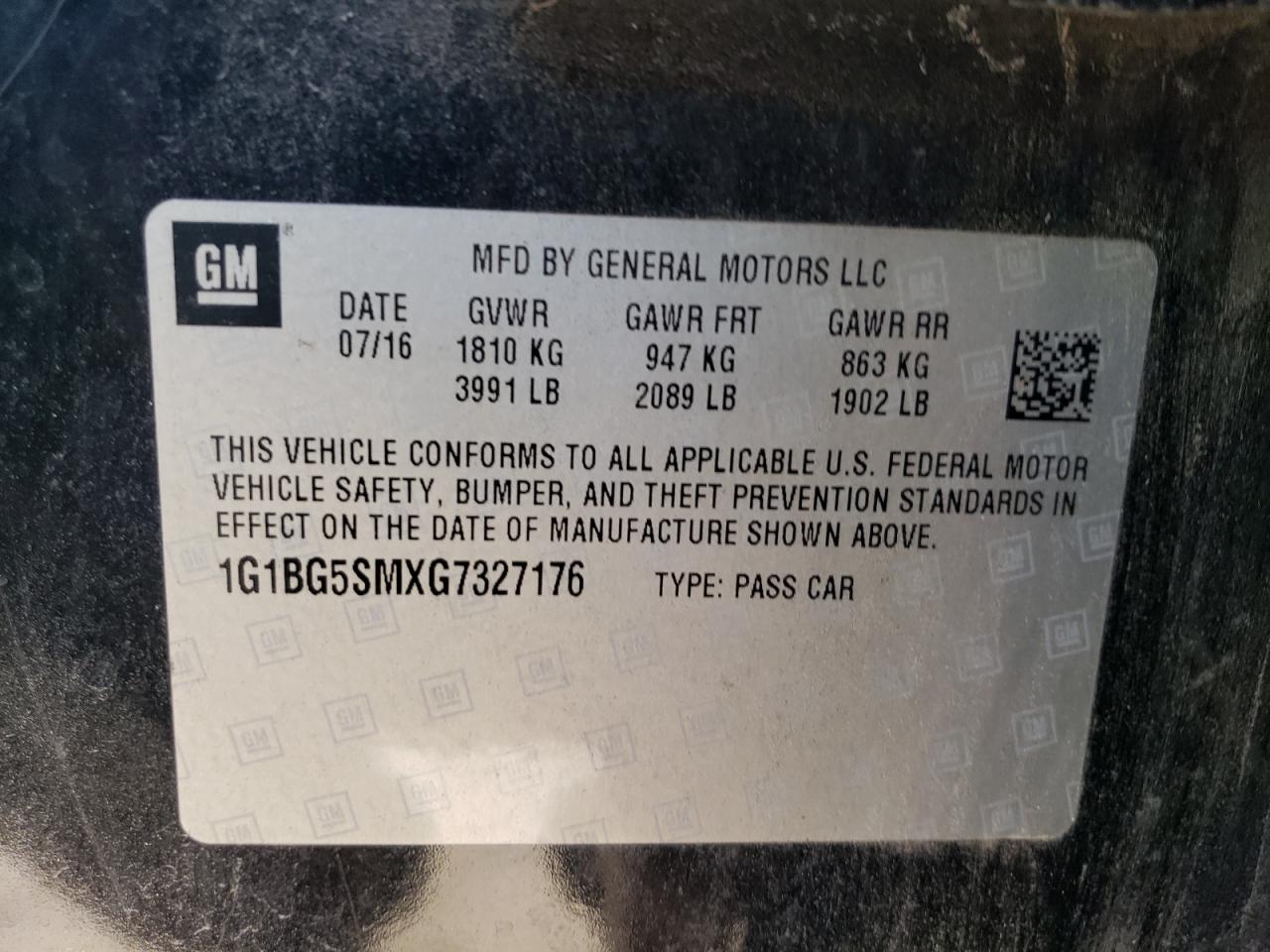 2016 Chevrolet Cruze VIN 1G1BG5SMXG7327176 Copart auction photo, front end damage thumbnail 13