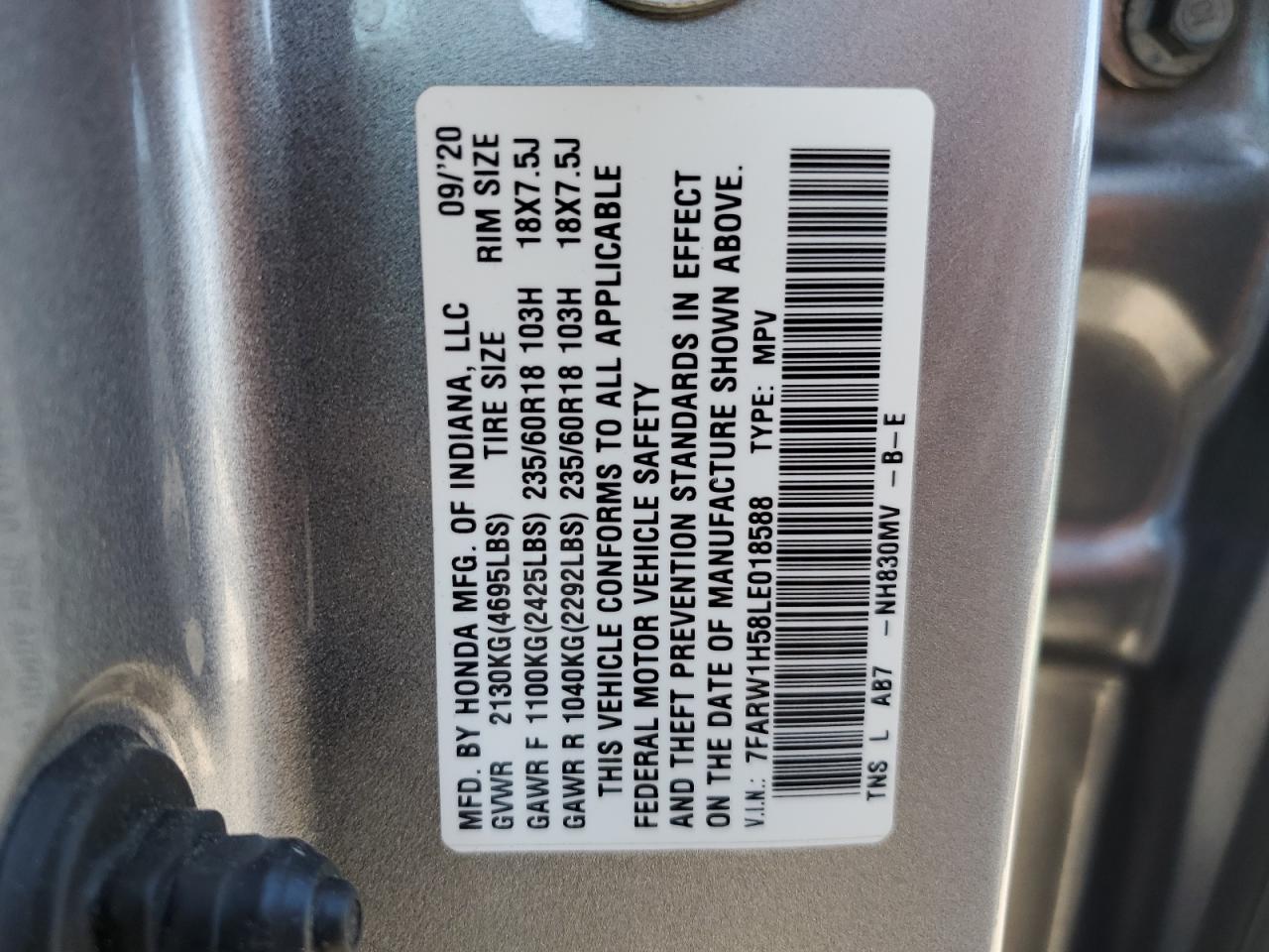 2020 Honda CR-V VIN 7FARW1H58LE018588 Copart auction photo, rear end / side damage thumbnail 15