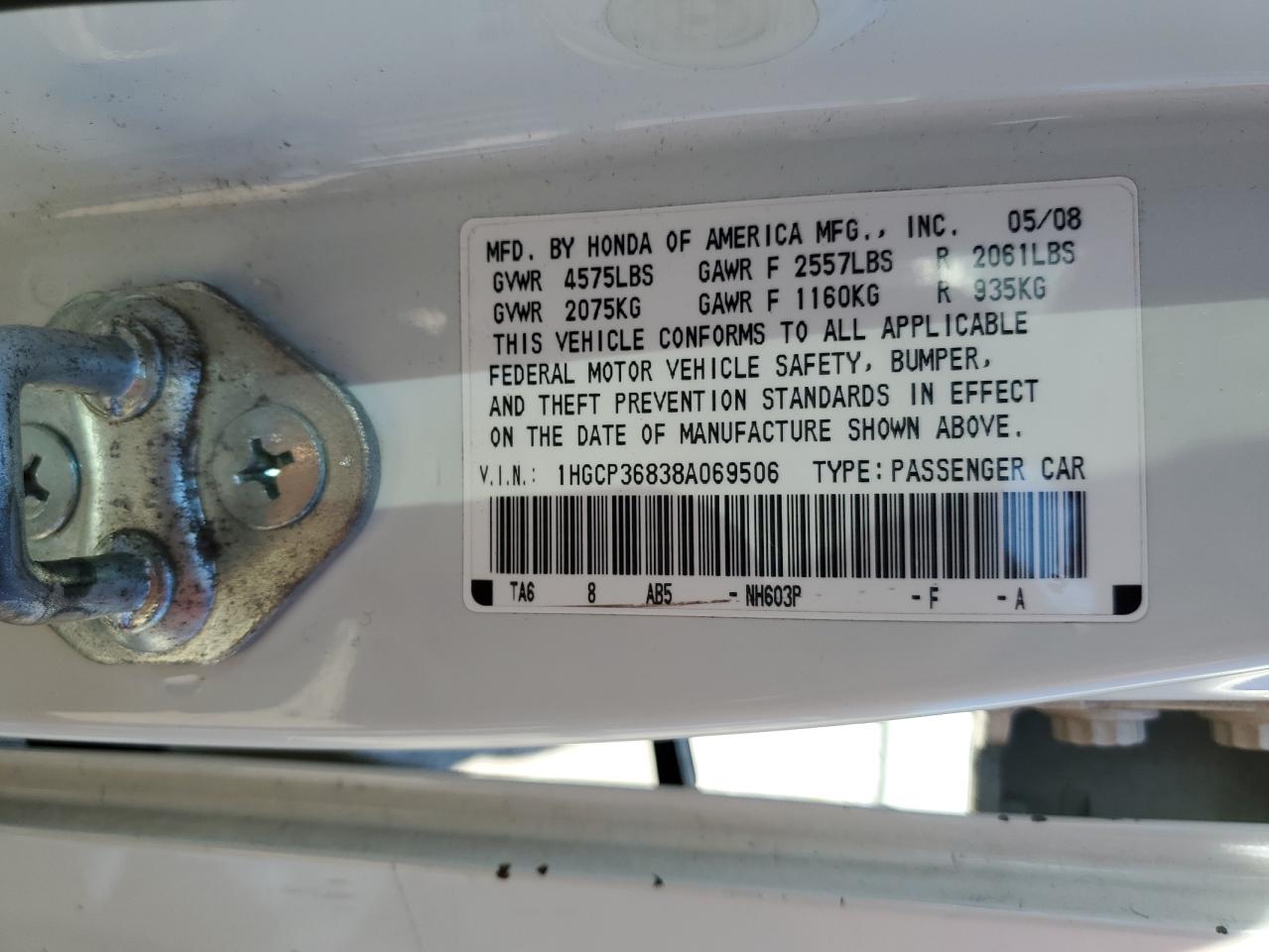 2008 Honda Accord VIN 1HGCP36838A069506 Copart auction photo, front end damage thumbnail 14