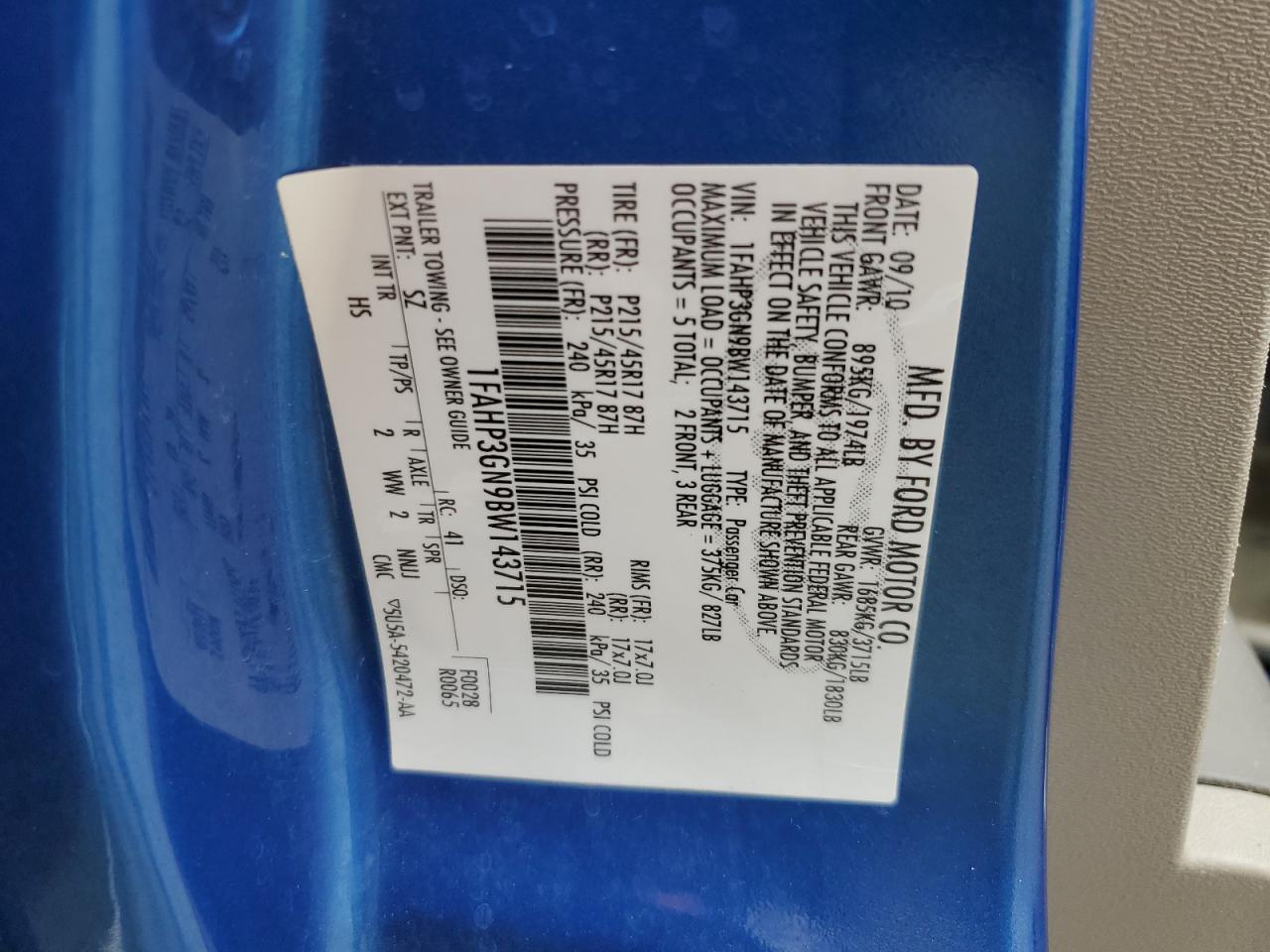 2011 Ford Focus VIN 1FAHP3GN9BW143715 Copart auction photo, front end damage thumbnail 13