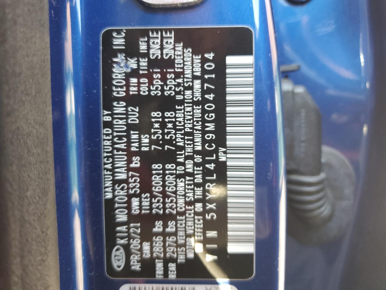 2021 KIA Sorento VIN 5XYRL4LC9MG047104 Copart auction photo, front end damage thumbnail 15