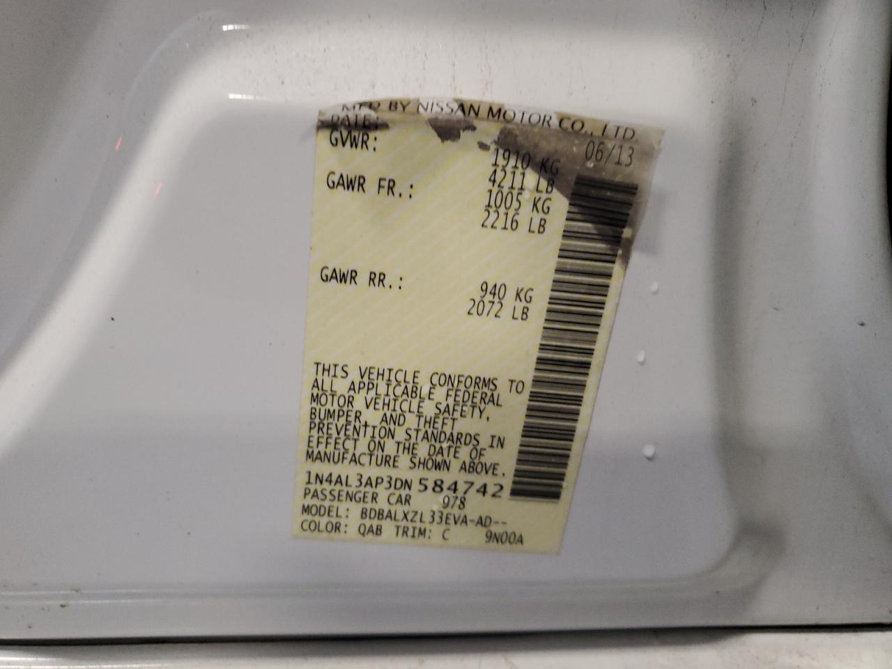 2013 Nissan Altima VIN 1N4AL3AP3DN584742 Copart auction photo, rear end damage thumbnail 12