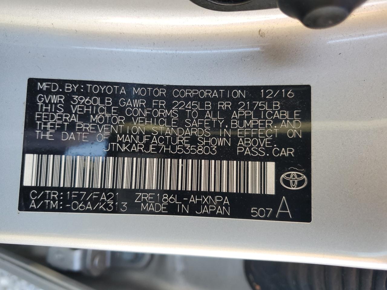 2017 Toyota Corolla VIN JTNKARJE7HJ535803 Copart auction photo, all over damage thumbnail 12