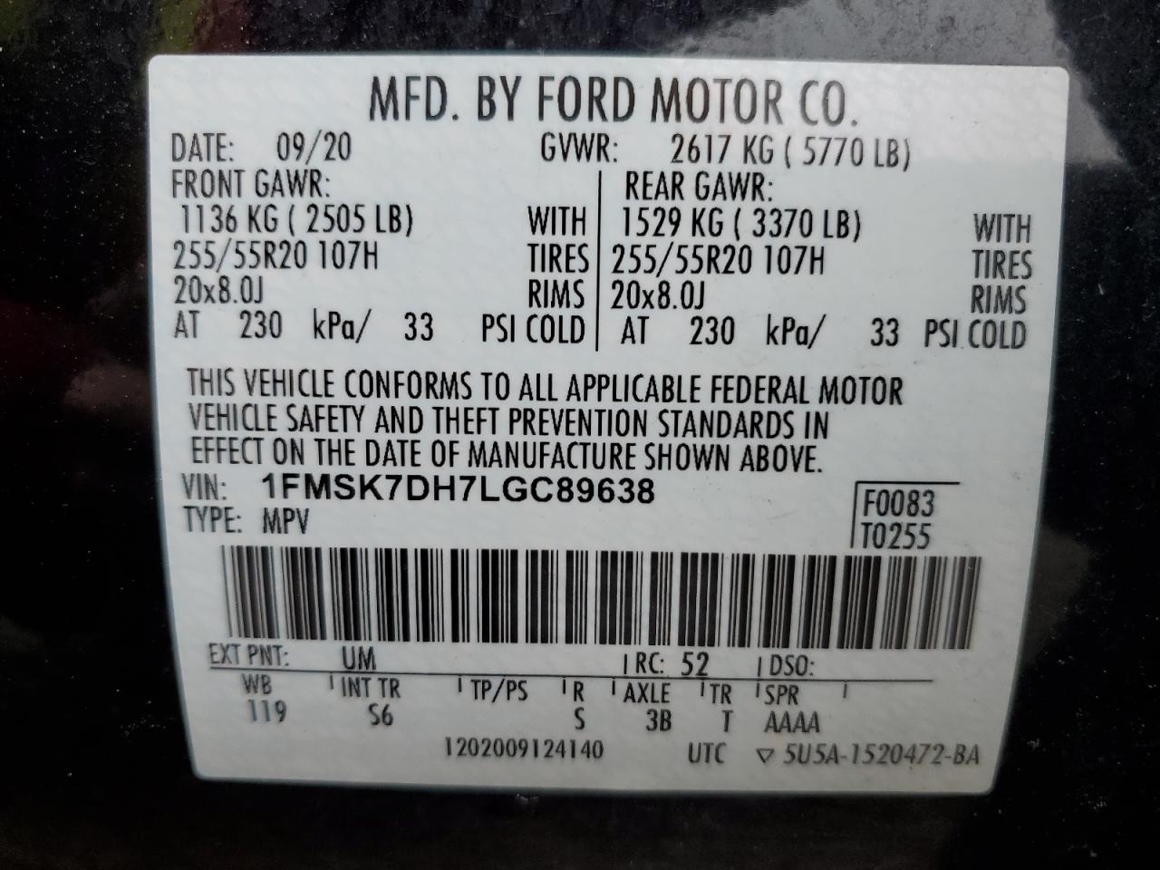 2020 Ford Explorer VIN 1FMSK7DH7LGC89638 Copart auction photo, front end / side damage thumbnail 16