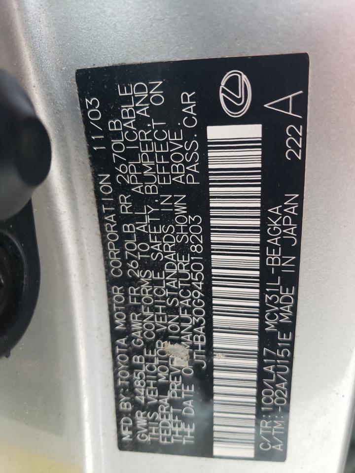 2004 Lexus ES VIN JTHBA30G945018203 Copart auction photo, rear end / front end damage thumbnail 12