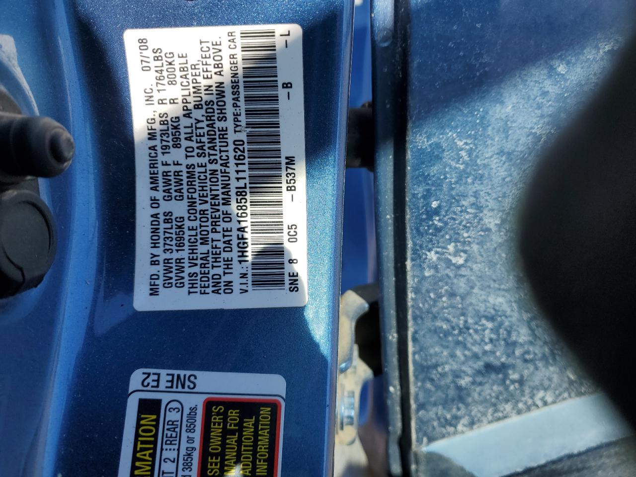 2008 Honda Civic VIN 1HGFA16858L111620 Copart auction photo, rear end damage thumbnail 12