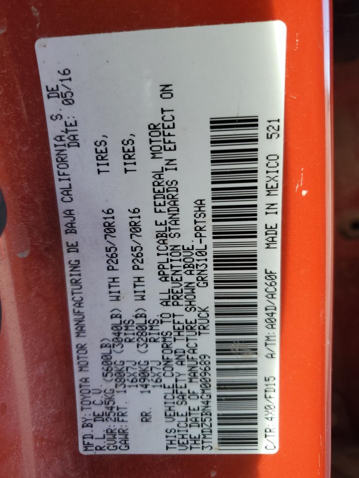 2016 Toyota Tacoma VIN 3TMDZ5BN4GM009689 Copart auction photo, front end damage thumbnail 12