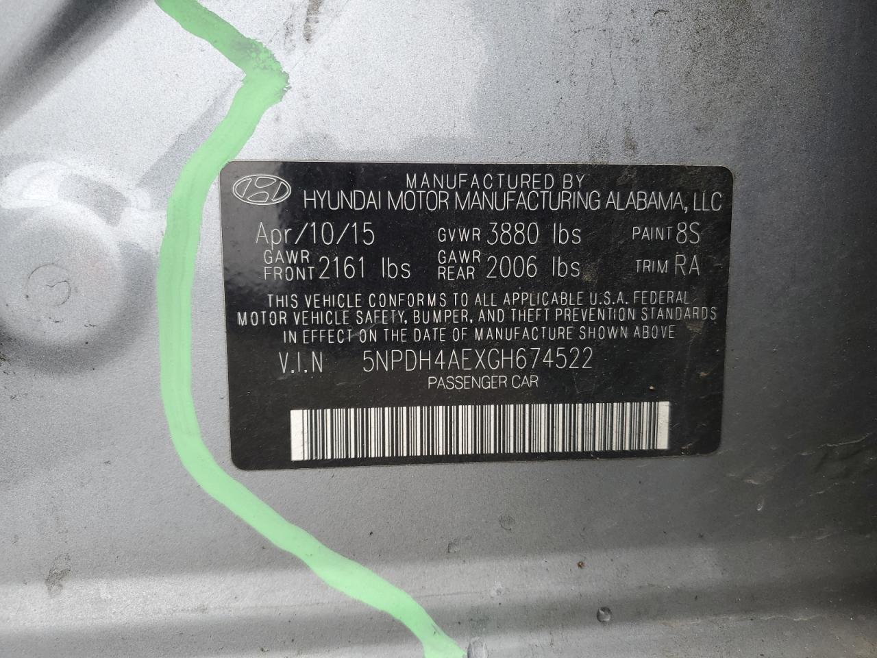 2016 Hyundai Elantra VIN 5NPDH4AEXGH674522 Copart auction photo, side / front end damage thumbnail 12