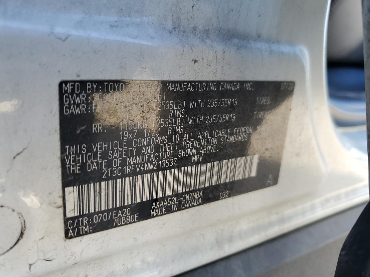 2022 Toyota RAV 4 VIN 2T3C1RFV4NW213537 Copart auction photo, undercarriage / front end damage thumbnail 13
