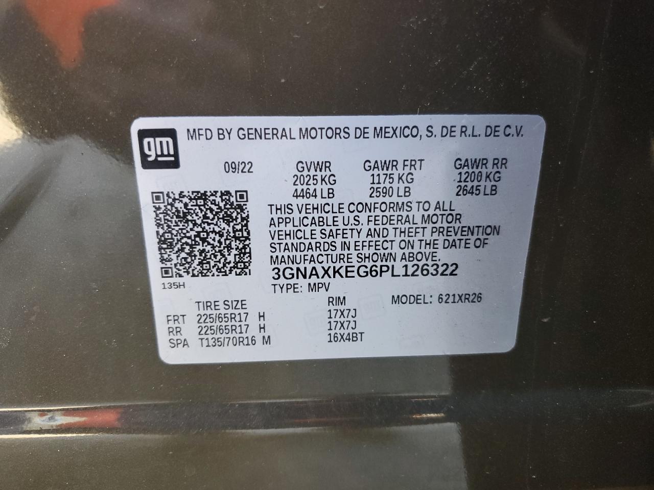 2023 Chevrolet Equinox VIN 3GNAXKEG6PL126322 Copart auction photo, rollover damage thumbnail 13