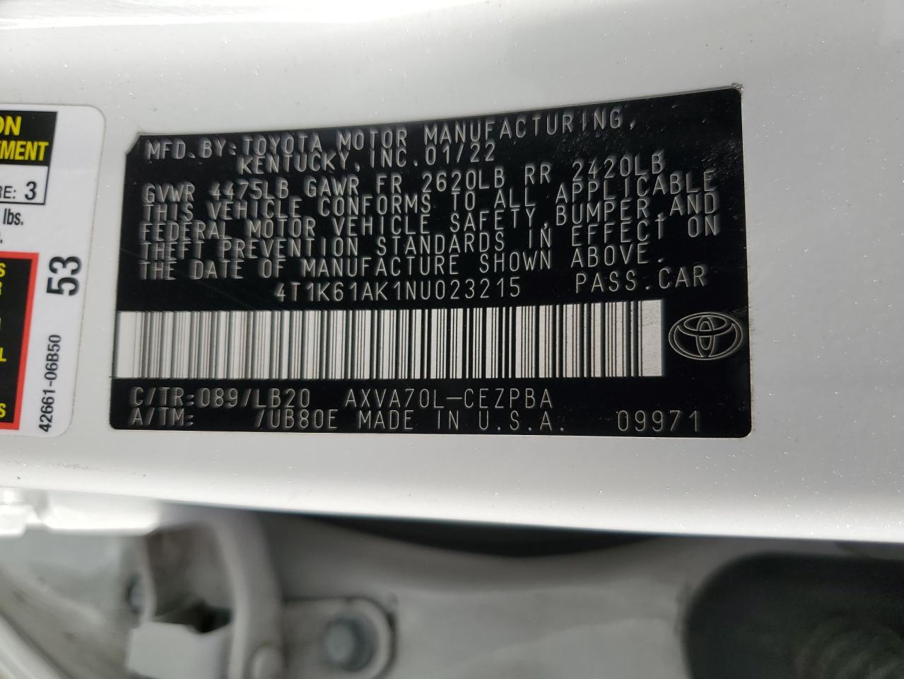 2022 Toyota Camry VIN 4T1K61AK1NU023215 Copart auction photo, rear end / side damage thumbnail 12