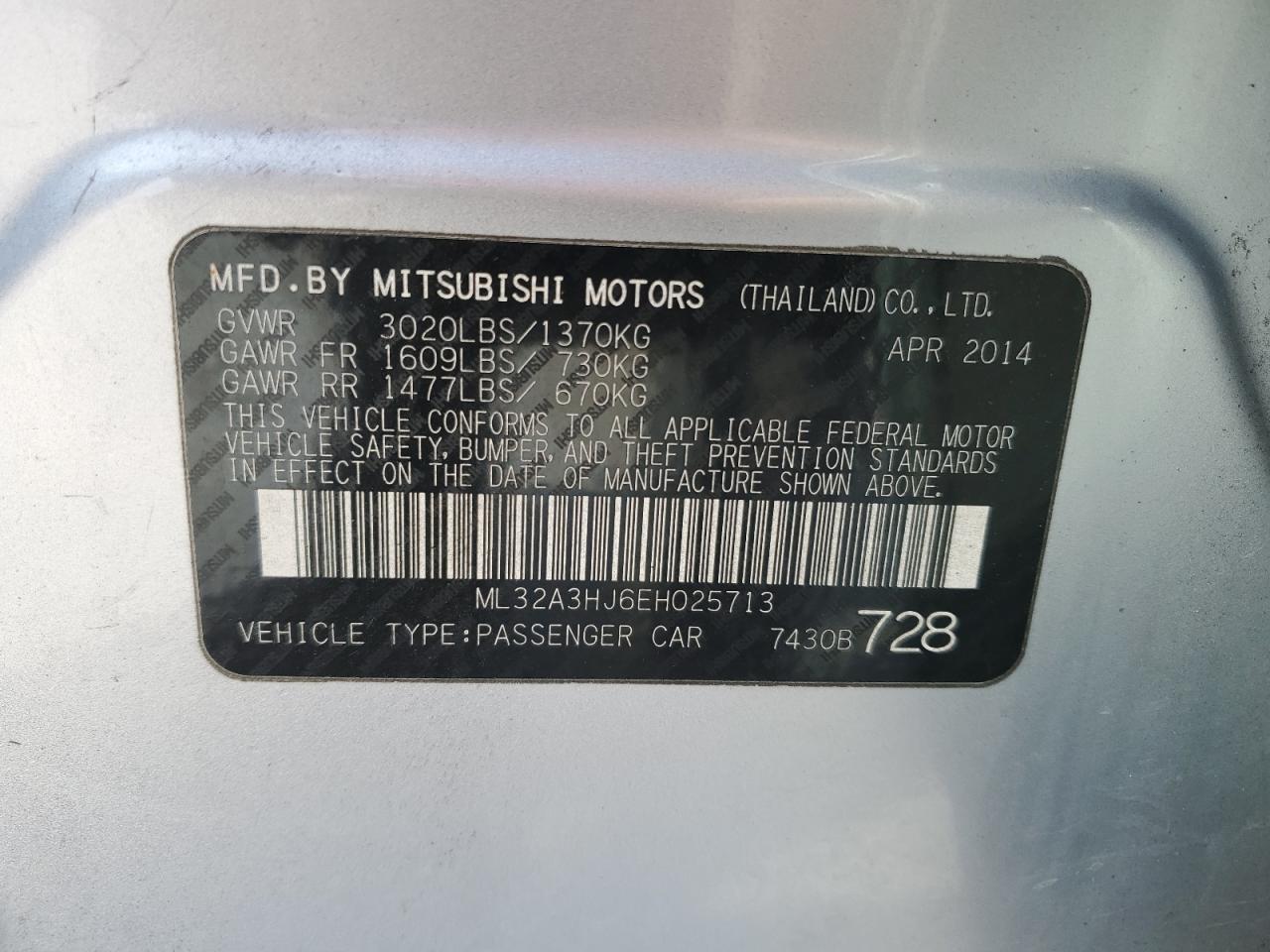 2014 Mitsubishi Mirage VIN ML32A3HJ6EH025713 Copart auction photo, front end damage thumbnail 12