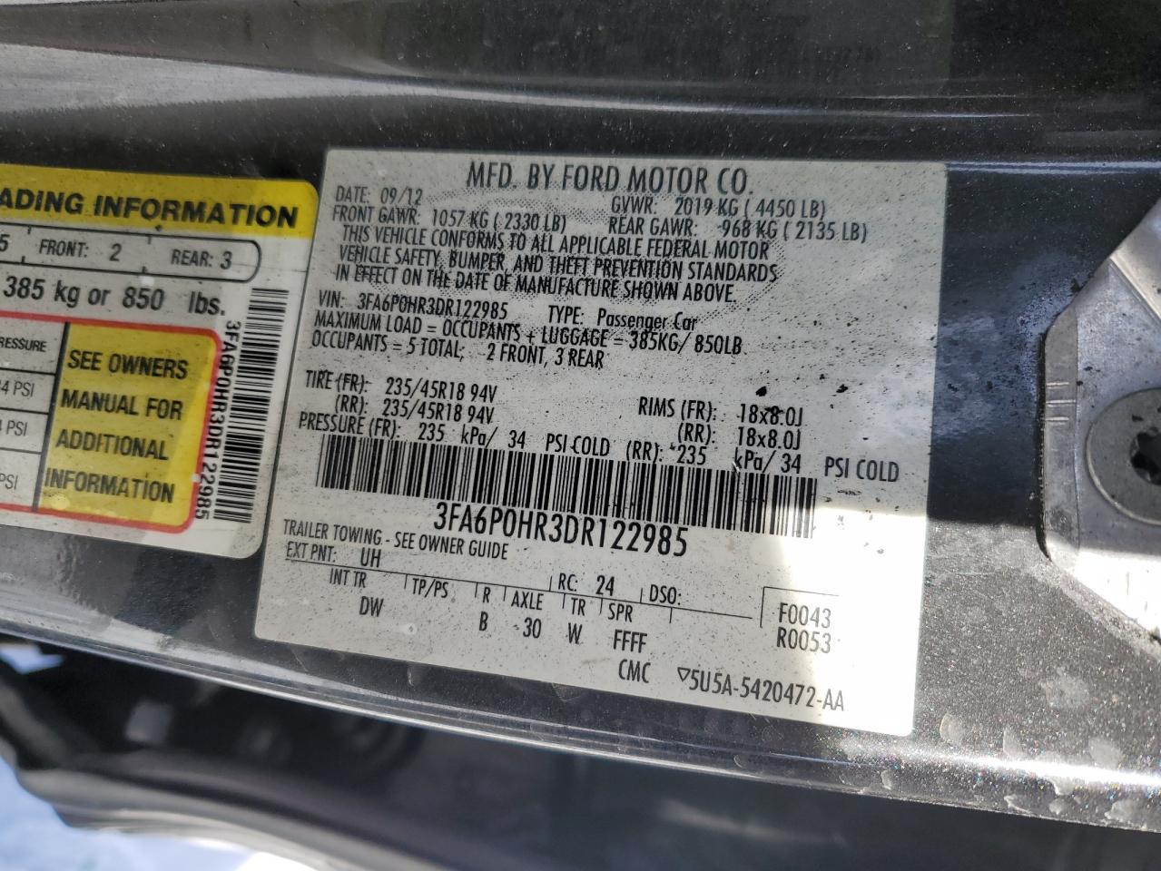 2013 Ford Fusion VIN 3FA6P0HR3DR122985 Copart auction photo, burn damage thumbnail 12