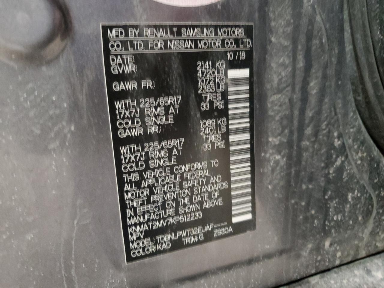 2019 Nissan Rogue VIN KNMAT2MV7KP512233 Copart auction photo, undercarriage / all over damage thumbnail 13