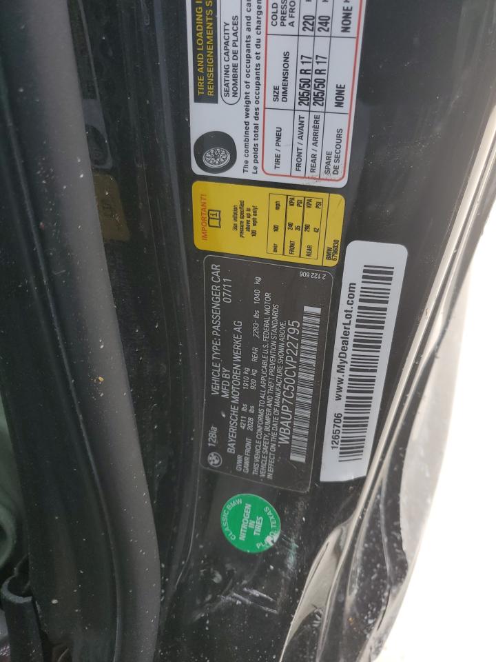 2012 BMW 1er VIN WBAUP7C50CVP22795 Copart auction photo, side / front end damage thumbnail 12