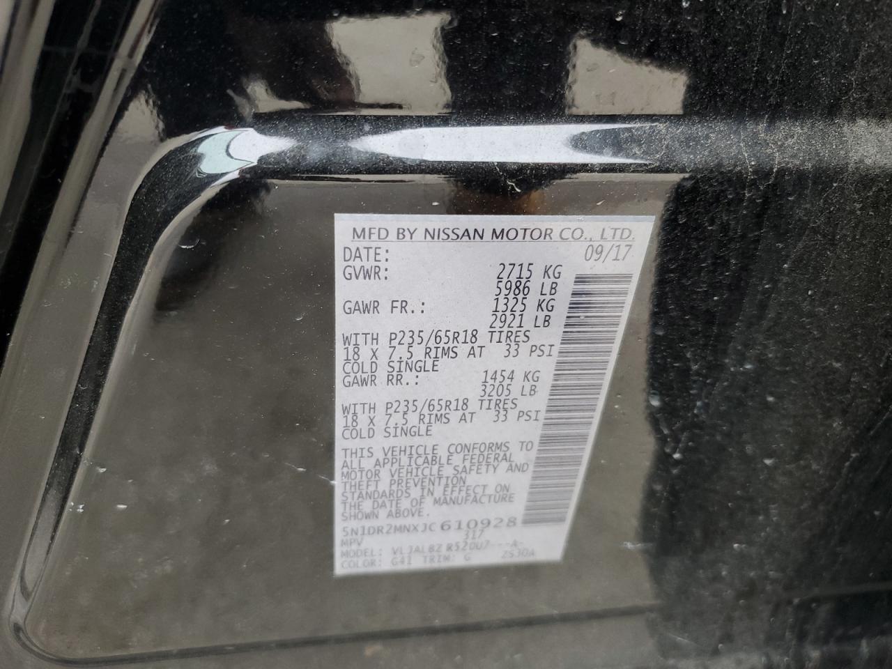 2018 Nissan Pathfinder VIN 5N1DR2MNXJC610928 Copart auction photo, side / front end damage thumbnail 15