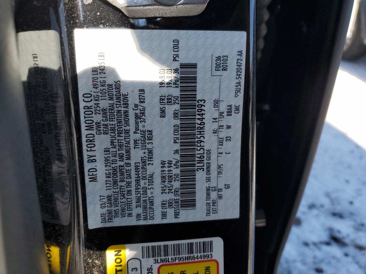 2017 Lincoln MKZ VIN 3LN6L5F95HR644993 Copart auction photo, front end damage thumbnail 12