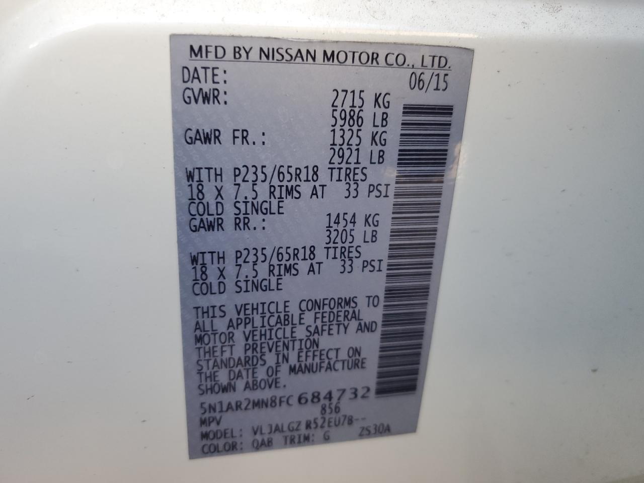 2015 Nissan Pathfinder VIN 5N1AR2MN8FC684732 Copart auction photo, side damage thumbnail 13