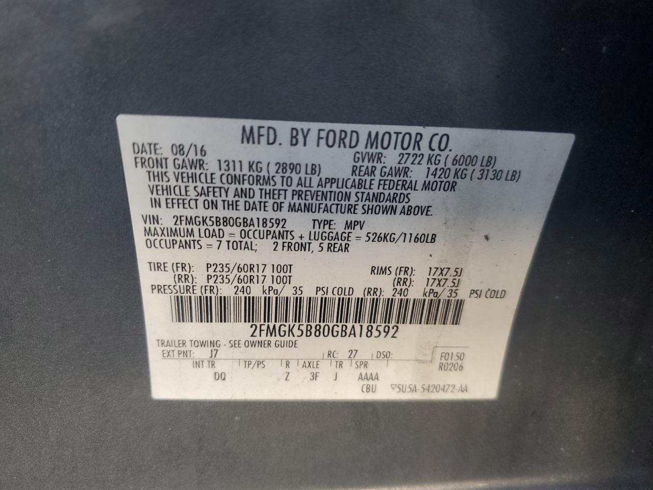 2016 Ford Flex VIN 2FMGK5B80GBA18592 Copart auction photo, front end damage thumbnail 14