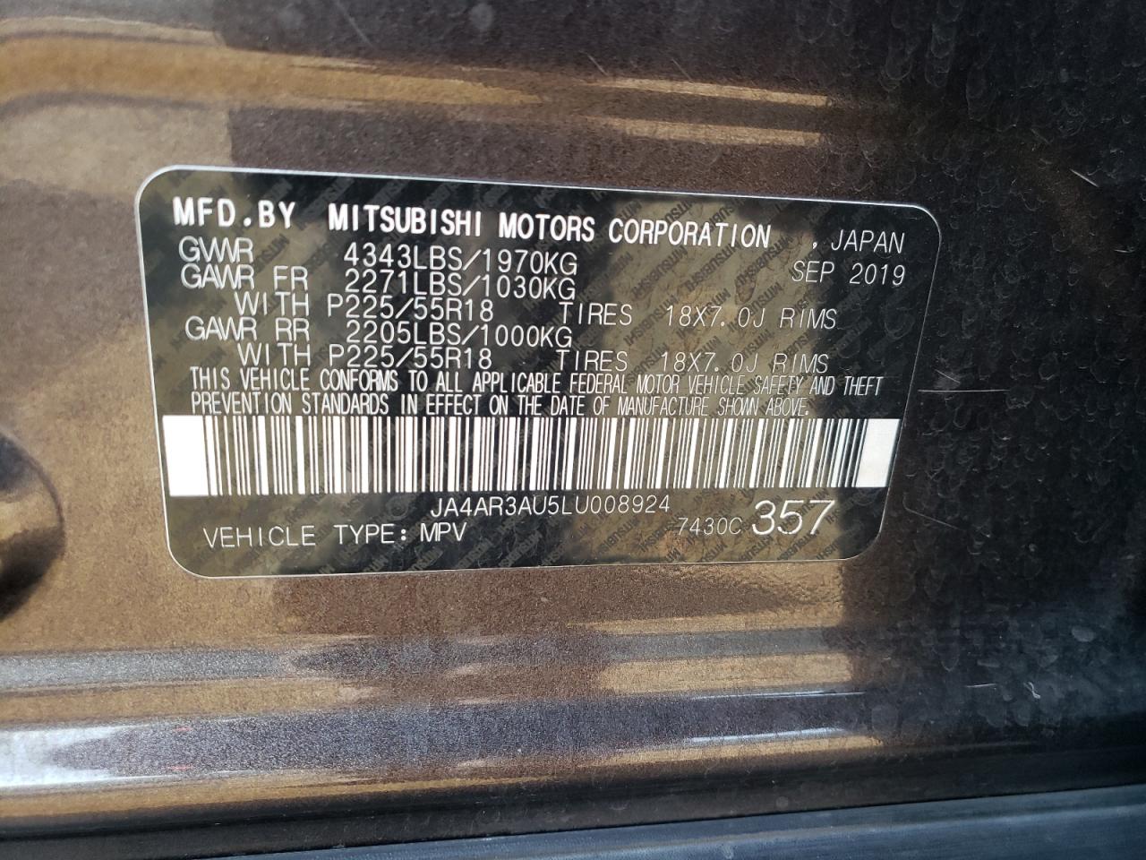 2020 Mitsubishi Outlander VIN JA4AR3AU5LU008924 Copart auction photo, front end / rear end damage thumbnail 16