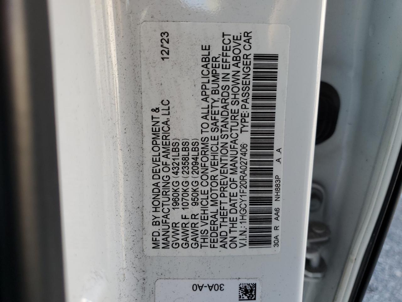 2024 Honda Accord VIN 1HGCY1F20RA027406 Copart auction photo, front end / side damage thumbnail 12