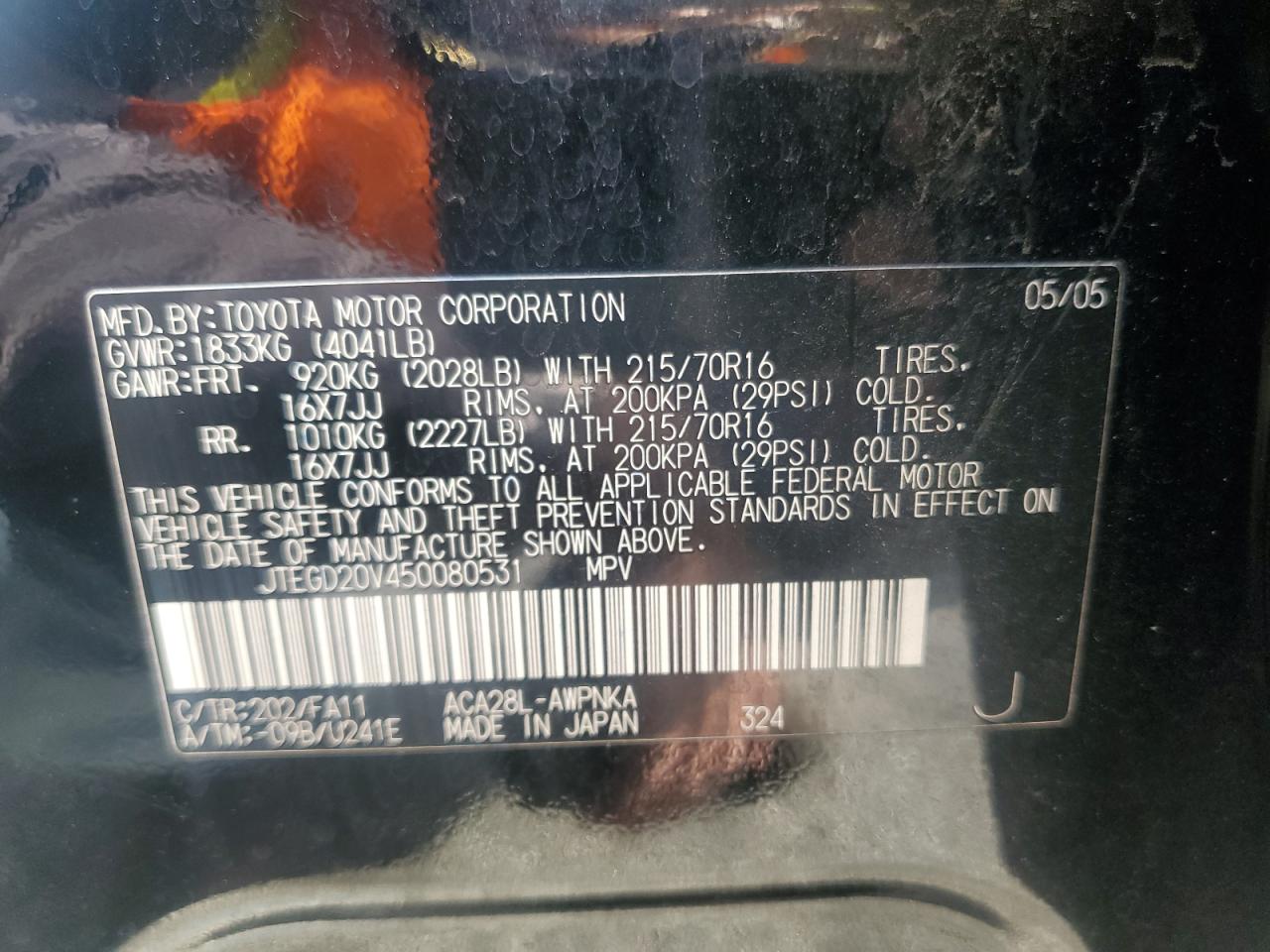 2005 Toyota RAV 4 VIN JTEGD20V450080531 Copart auction photo, front end damage thumbnail 14