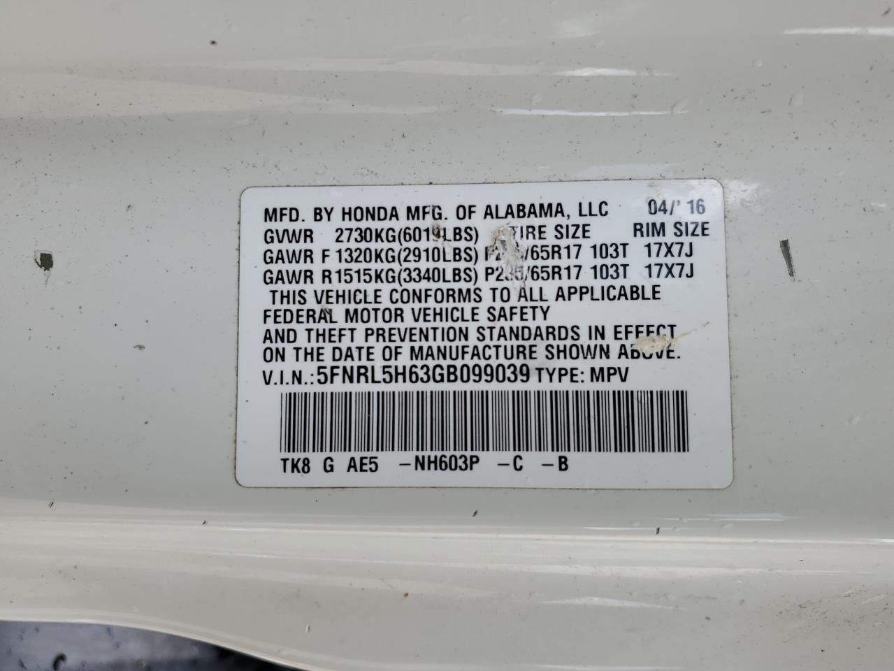 2016 Honda Odyssey VIN 5FNRL5H63GB099039 Copart auction photo, front end / side damage thumbnail 13