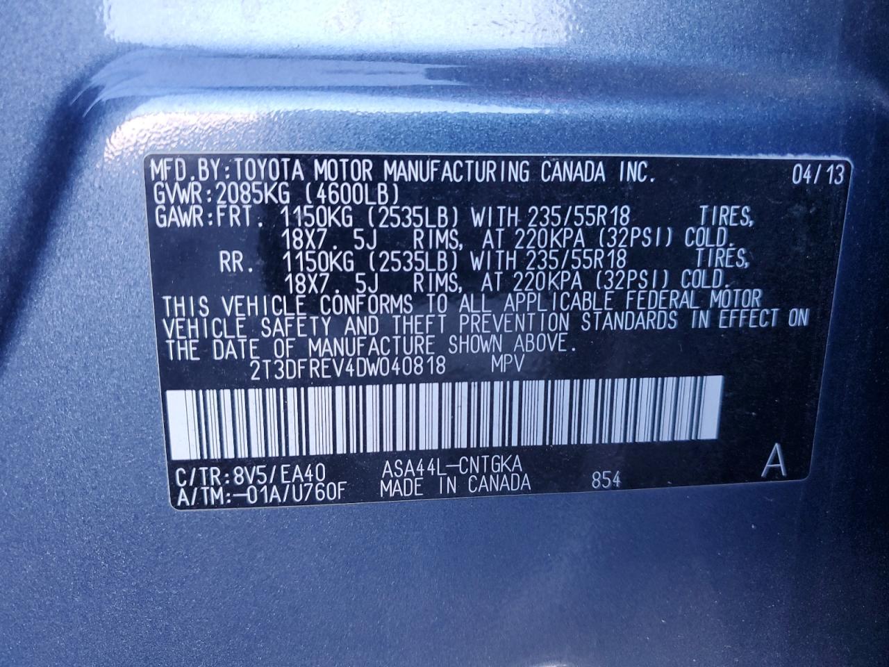 2013 Toyota RAV 4 VIN 2T3DFREV4DW040818 Copart auction photo, rear end / front end damage thumbnail 13
