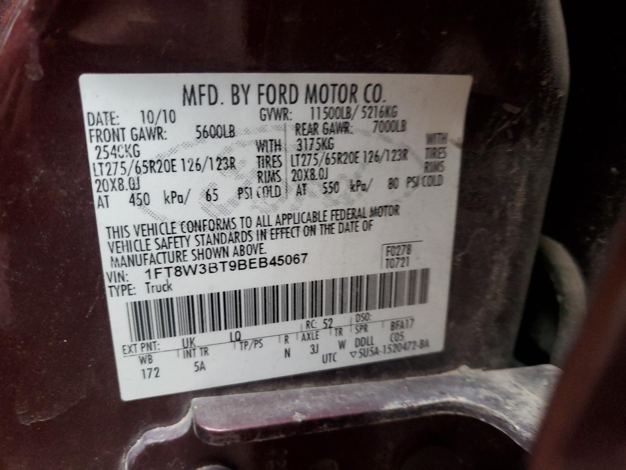 2011 Ford F350 VIN 1FT8W3BT9BEB45067 Copart auction photo, front end / mechanical damage thumbnail 10