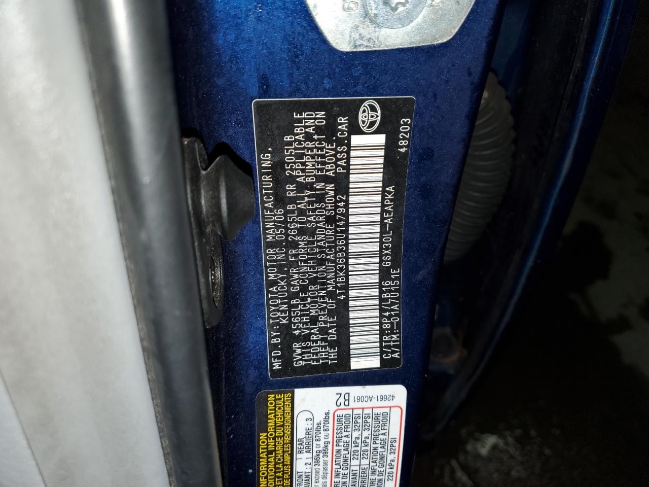 2006 Toyota Avalon VIN 4T1BK36B36U147942 Copart auction photo, front end / side damage thumbnail 10
