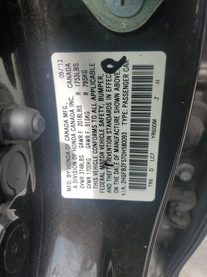 2013 Honda Civic VIN 2HGFB2F57DH580093 Copart auction photo, front end damage thumbnail 12