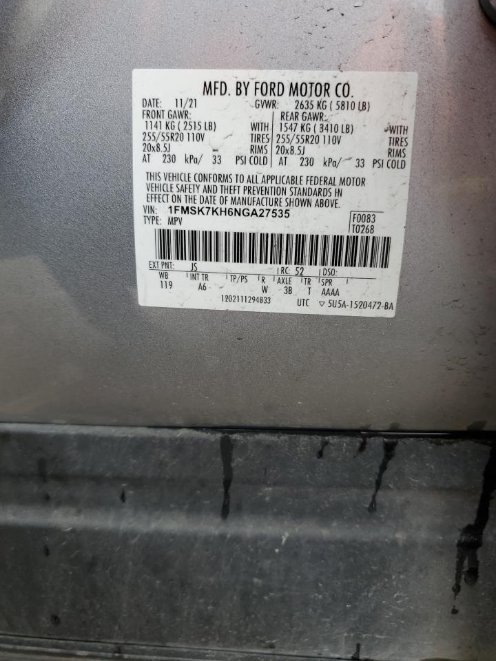 2022 Ford Explorer VIN 1FMSK7KH6NGA27535 Copart auction photo, front end damage thumbnail 14