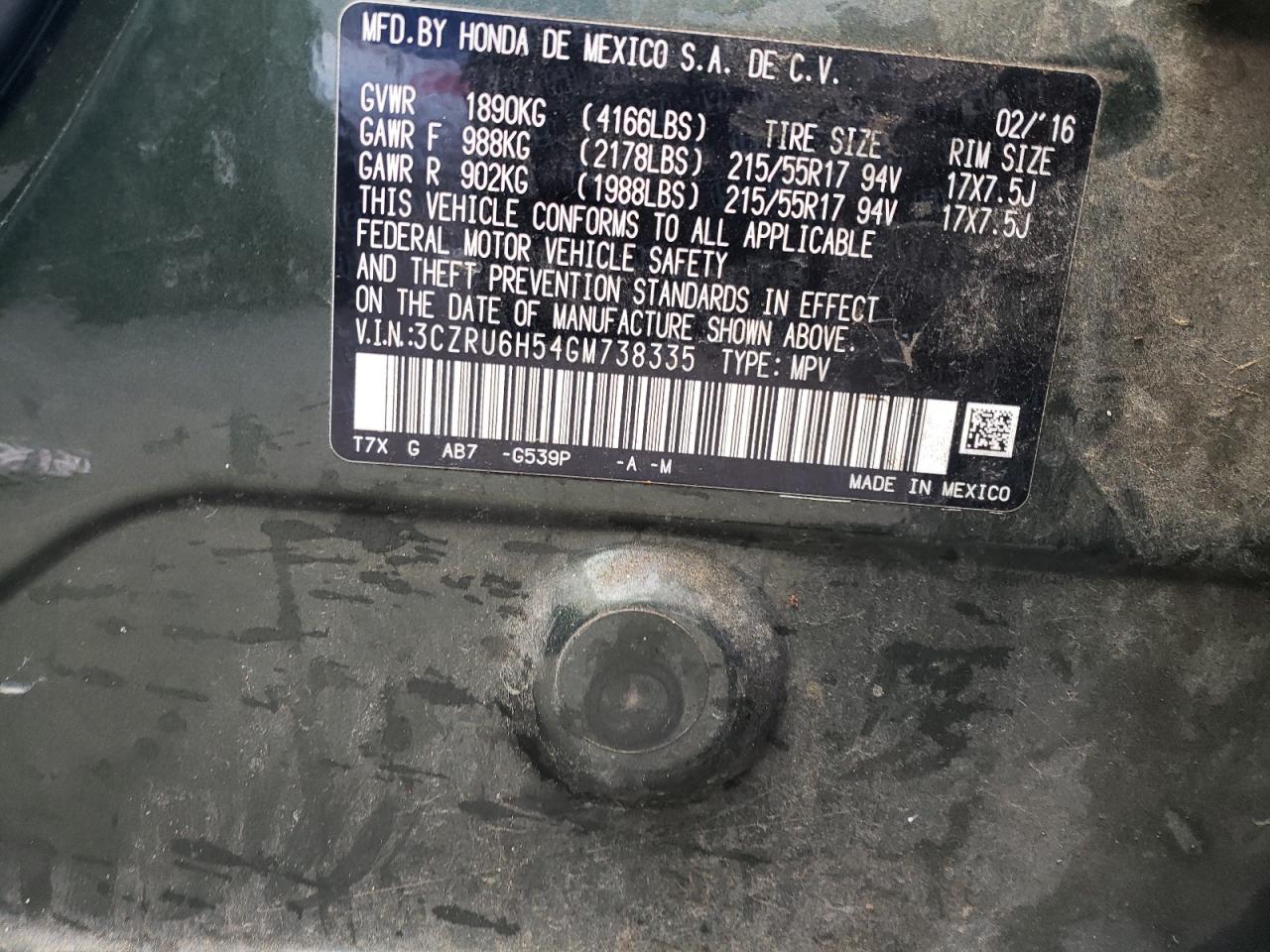 2016 Honda HR-V VIN 3CZRU6H54GM738335 Copart auction photo, front end damage thumbnail 12