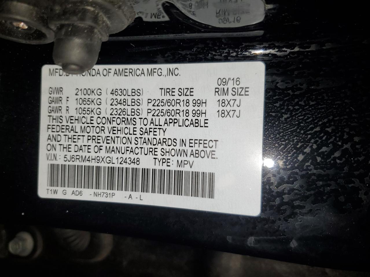 2016 Honda CR-V VIN 5J6RM4H9XGL124348 Copart auction photo, front end / undercarriage damage thumbnail 15