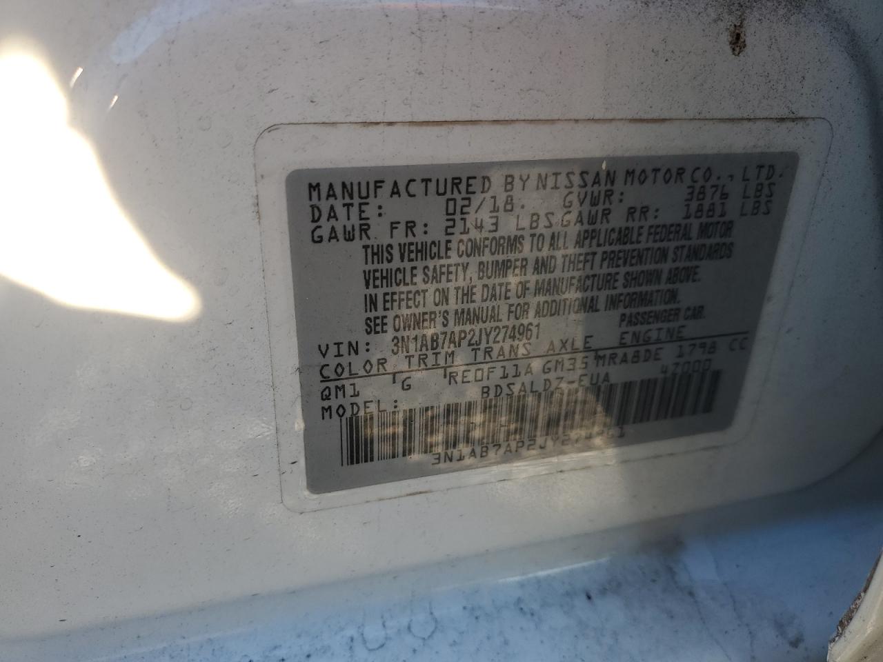 2018 Nissan Sentra VIN 3N1AB7AP2JY274961 Copart auction photo, all over damage thumbnail 12