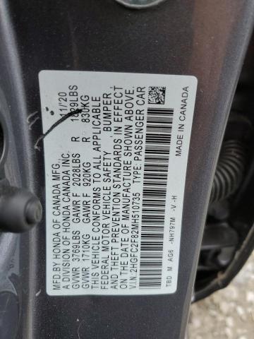 2021 Honda Civic VIN 2HGFC2F82MH510735 Copart auction photo, side damage thumbnail 12