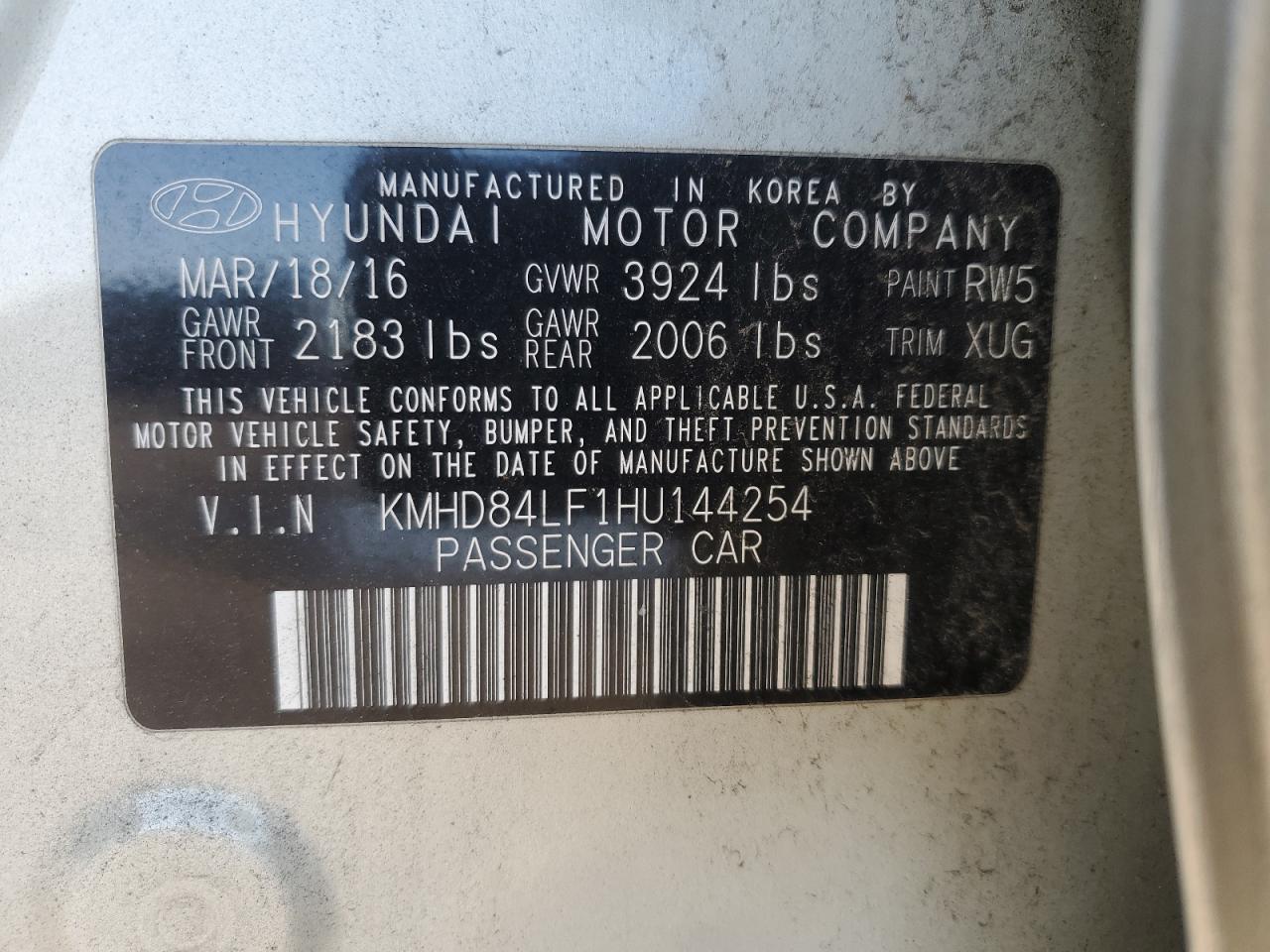 2017 Hyundai Elantra VIN KMHD84LF1HU144254 Copart auction photo, front end / rear end damage thumbnail 12