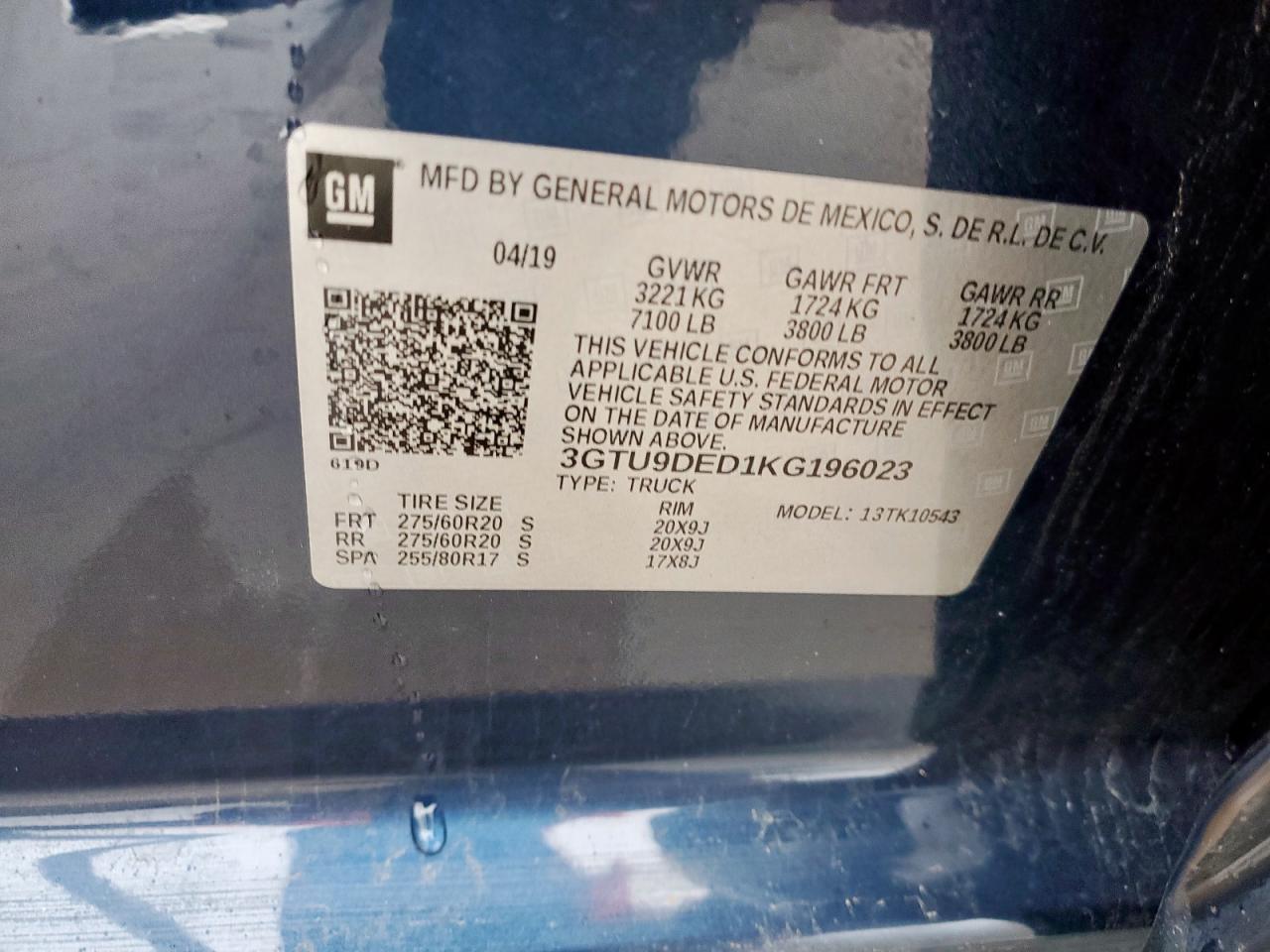2019 GMC Sierra VIN 3GTU9DED1KG196023 Copart auction photo, front end / rear end damage thumbnail 12