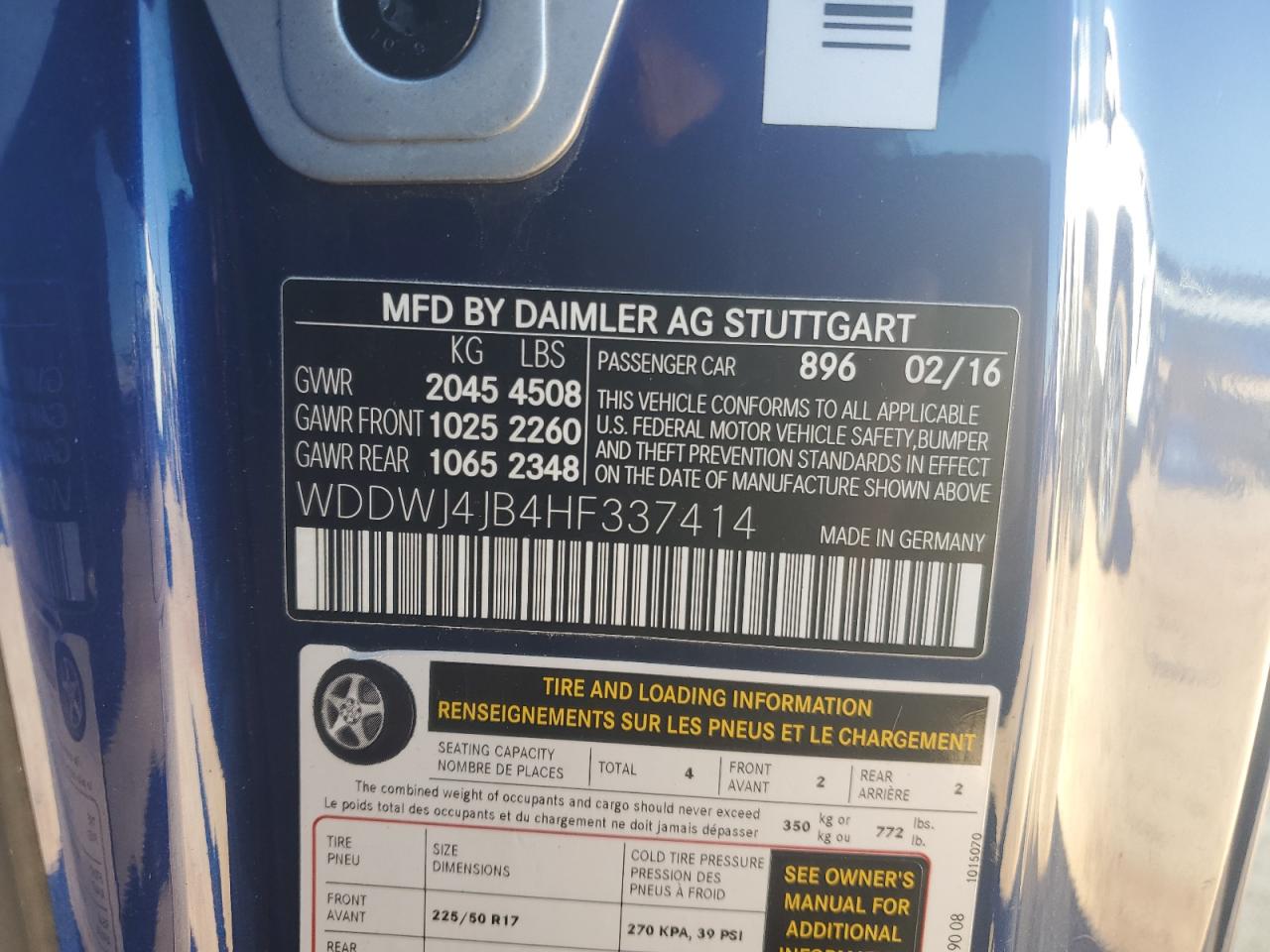 2017 Mercedes-Benz C-klasse VIN WDDWJ4JB4HF337414 Copart auction photo, front end damage thumbnail 12