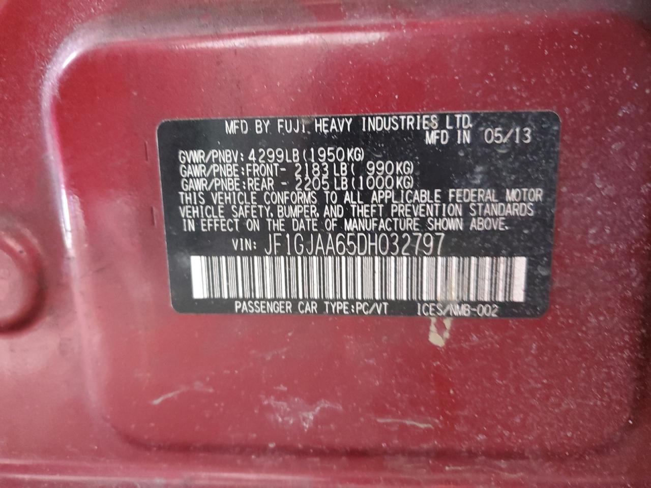 2013 Subaru Impreza VIN JF1GJAA65DH032797 Copart auction photo, front end / side damage thumbnail 14