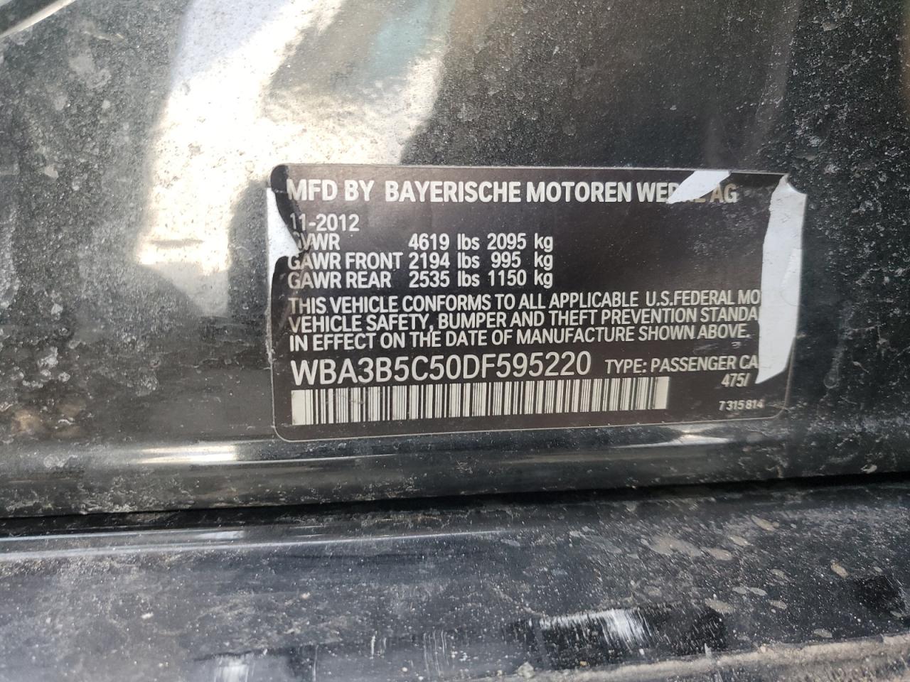 2013 BMW 3er VIN WBA3B5C50DF595220 Copart auction photo, side / front end damage thumbnail 12
