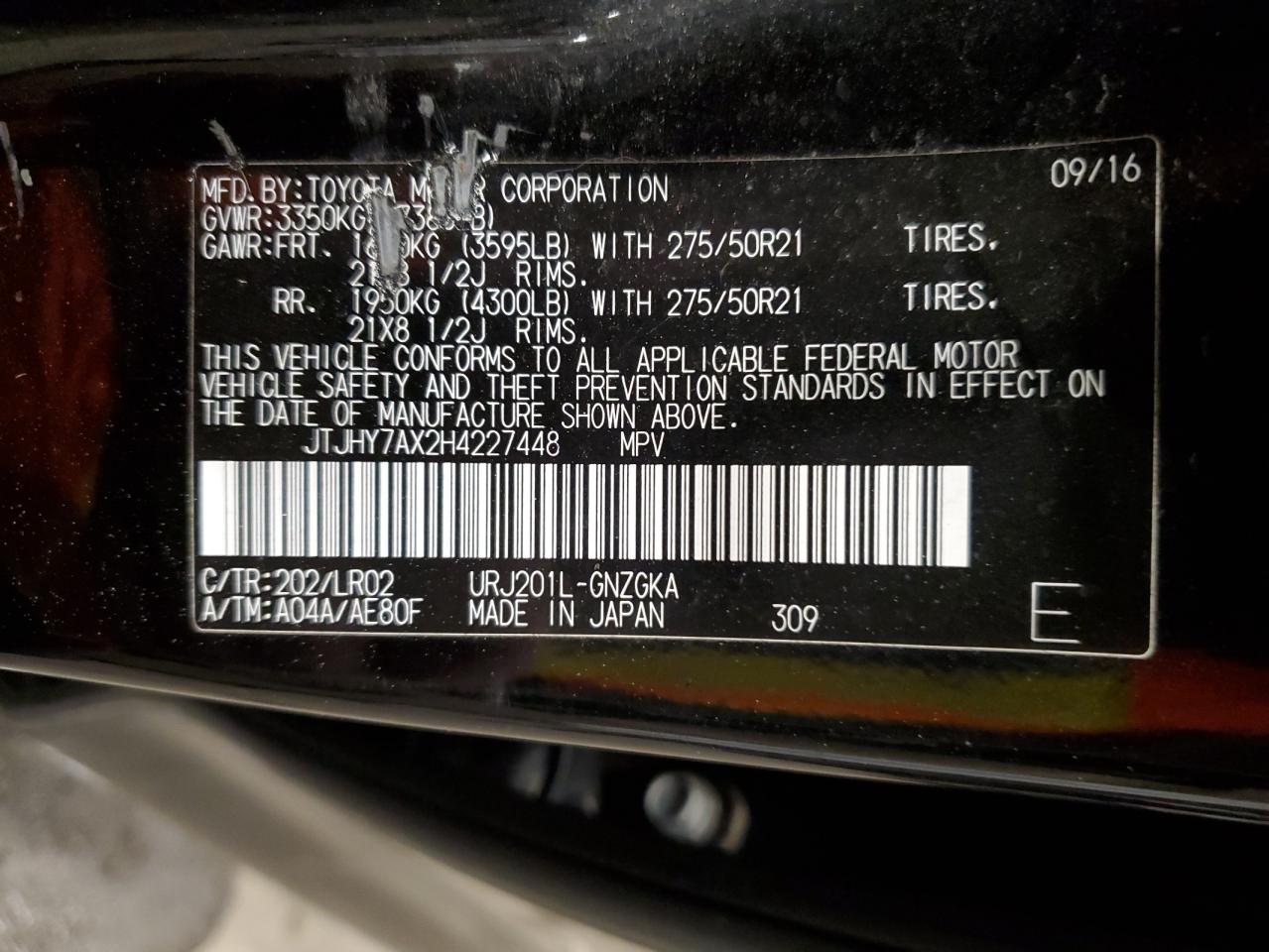 2017 Lexus LX VIN JTJHY7AX2H4227448 Copart auction photo, front end / side damage thumbnail 13