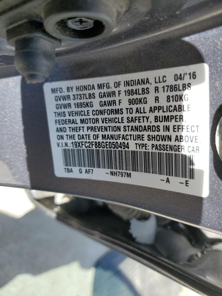 2016 Honda Civic VIN 19XFC2F88GE050494 Copart auction photo, side damage thumbnail 14